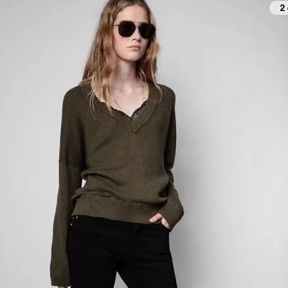 ZADIG & VOLTAIRE Brumy V-Neck Sweater Slub Cotton Gray Size Small - Picture 11 of 12